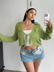 POPSWAY Plus Size Women 3D Crochet Floral Petal Long Sleeve Crop Cardigan, Suitable For All Seasons Indoor/Outdoor Wear, Fashion Crochet Sweater, Winter - Green - View 5