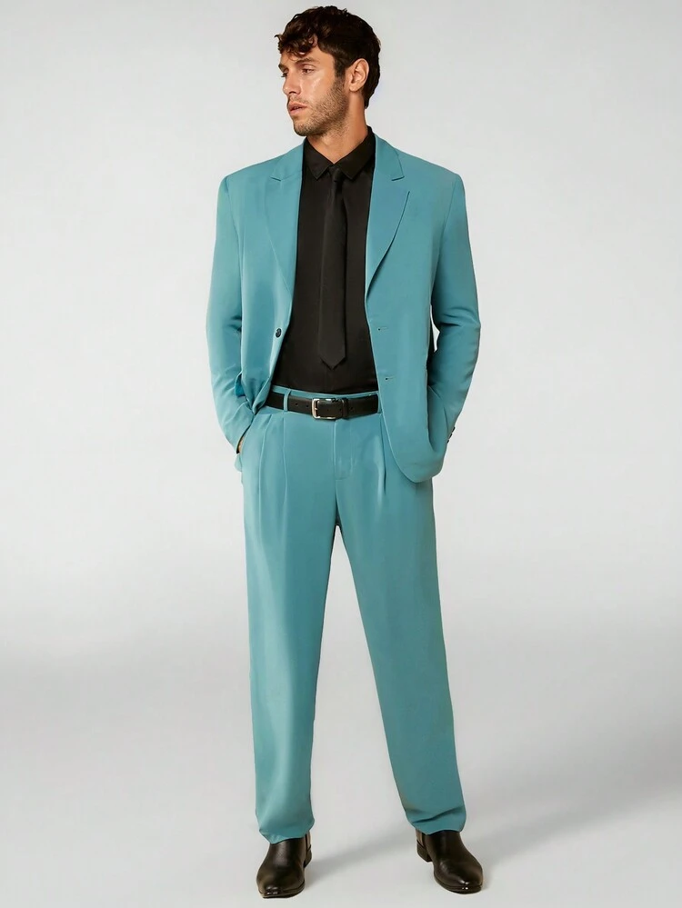 Men 1pc Solid Blazer & 1pc Suit Pants Set Without Belt