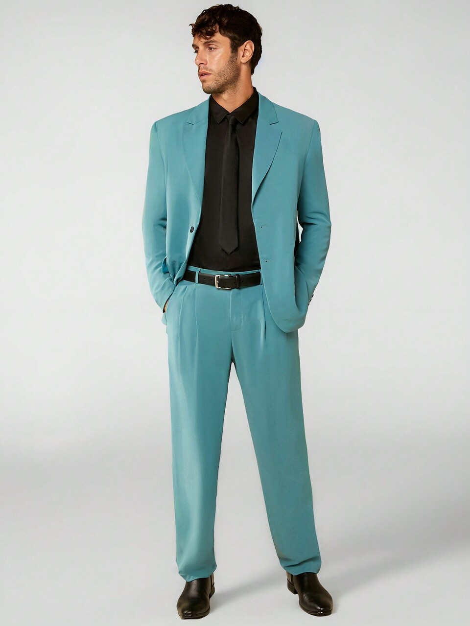 Men 1pc Solid Blazer & 1pc Suit Pants Set Without Belt