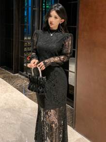 DAZY 女士蕾丝美人鱼修身中长连衣裙 舞会礼服 优雅女士连衣裙