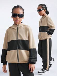SHEIN Tween Girls Solid Color Splice Front Zipper Long Sleeve Top And Long Pants Casual 2 Pieces Set - Multicolor - View 1