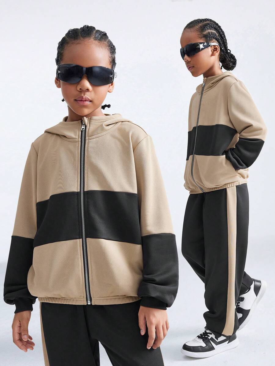 SHEIN Tween Girls Solid Color Splice Front Zipper Long Sleeve Top And Long Pants Casual 2 Pieces Set - Multicolor - View 1