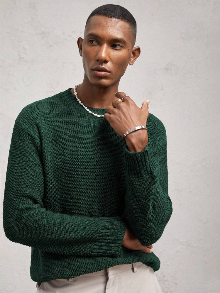 Men's Loose Oversized Drop Shoulder Round Neck Semi-Sheer Casual Long Sleeve Sweater, Suitable For Everyday Wear, Brown Leather Logo, For Fall Winter