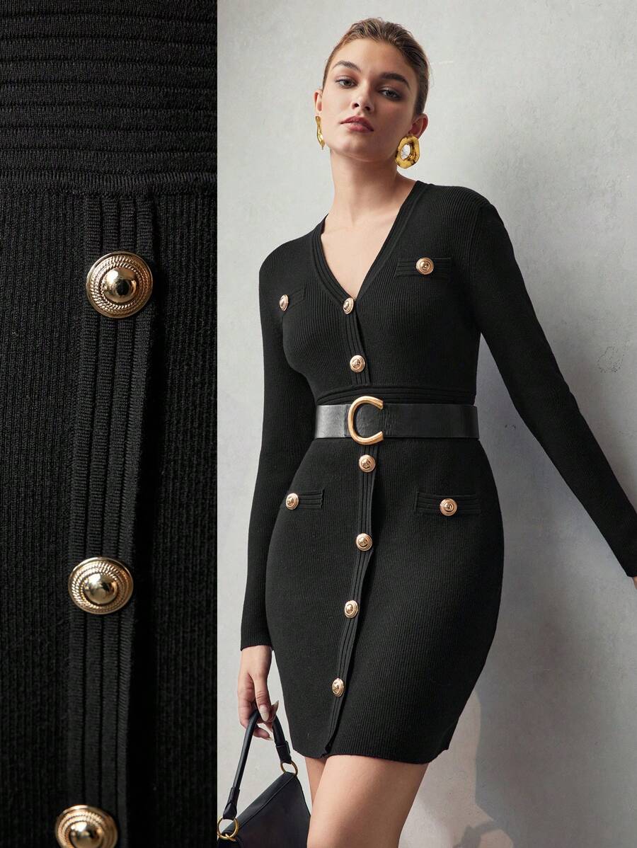 MOTF PREMIUM SOLID GOLD BUTTON DETAIL SLIM FIT SWEATER DRESS WITHOUT BELT