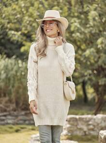 LanaWest 女士休闲纯色高领开衩下摆毛衣连衣裙 - 白色 - 查看 6