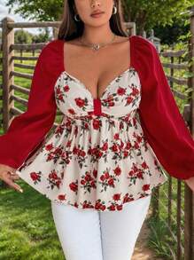Flirla Damen Große Größen elegante Schleifen-Puff-Ärmel Taille Hoch A-Linie Shirt, süß & niedlich, Herbst/Winter Peplum Top - Verschiedenfarbig - Übersicht 10