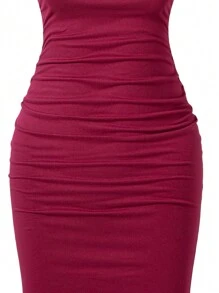 SHEIN 青少年女孩紧身针织细肩带鱼尾裙，优雅 V 领连衣裙，新年夜服装 - 紅色 - 查看 6