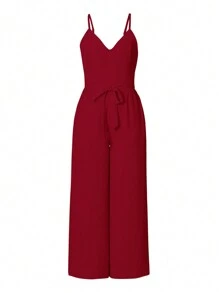 SHEIN LUNE Summer Simple Solid Cami Top & Wide Leg Pants - Burgundy - View 3