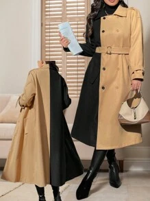 Calvaya Plus Size Autumn/Winter Color Block Double-Breasted Waist Cinching Coat, Elegant - Multicolor - View 2