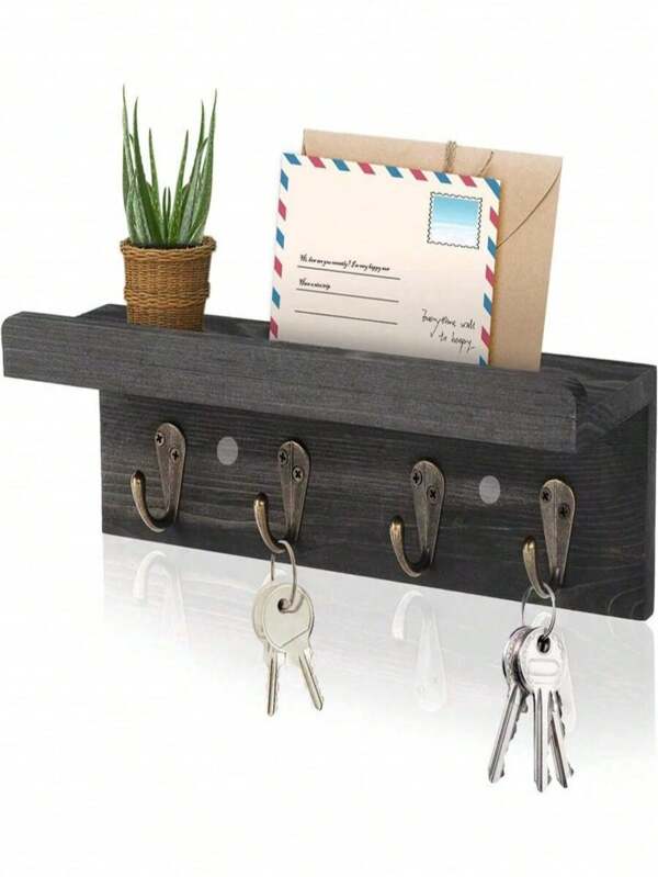 SHEIN 1 pieza Perchero de pared de madera rústica para llaves de 9,84 pulgadas en color negro, estantería de pared de granja con 4 ganchos, perchero de pared para llaves para el Día de San Valentín, bodas de San Valentín, cumpleaños, decoración de pared, decoración de habitación, decoración de baño, decoración de sala de estar, vinilos de pared, decoración de cocina, decoración de oficina, accesorios de hogar, organizador de maquillaje, colección para dormitorio, artículos esenciales, jarrones, botellas de agua, jardín, campamento, deportes, decoración de Halloween, regreso a la escuela, decoración de sala de estar, decoraciones navideñas