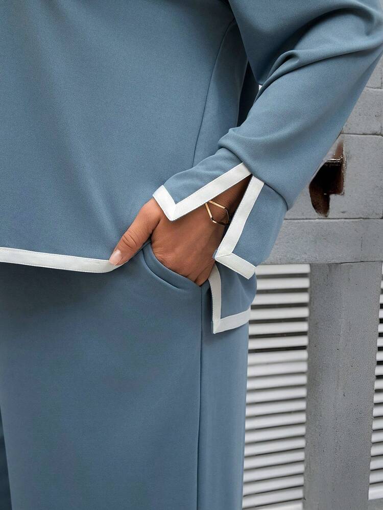 2pcs/Set Plus Size Women Winter Contrast Color Round Neck Dropped Shoulder Long Sleeve Top And Wide Leg Pants Casual Outfit,Winter Clothes For Women