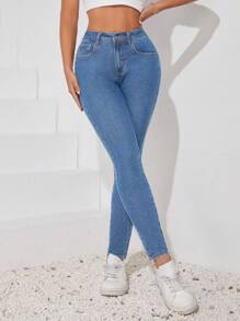SHEIN Tall Casual Slim Fit Tapered Leg Discounted Jeans - Medium Wash - View 4