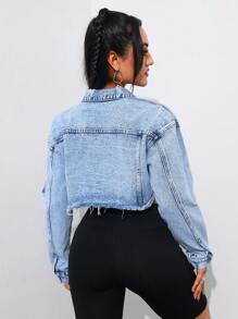 SHEIN Tall Áo khoác denim rách tua rua cho nữ cao cấp - Rửa nhẹ - Xem 2