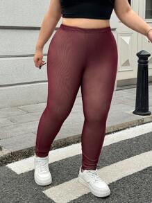 SHEIN EZwear Quần legging lưới đen cỡ lớn, Thu/Đông - Màu Đỏ Sâu - Xem 5