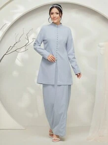 Veilorie Baju Kebaya 2pcs Set: Stand Collar Long Sleeve Long Shirt & Long Skirt Modest