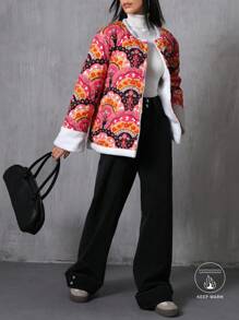 Aveloria EMERY ROSE Áo khoác nữ phong cách Thu/Đông kiểu Âu và Mỹ, dáng rộng thoải mái, đa năng, phối nhiều mảnh vải, họa tiết hoa ngẫu nhiên, thiết kế lượn sóng, lót lông cừu dày dặn, cài nút, tay dài, có lớp đệm, dành cho nữ, phong cách phương Tây cổ điển. - Nhiều màu - Xem 7