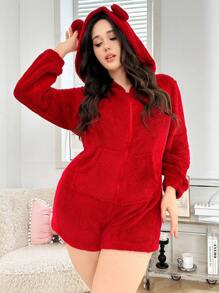 Pijama mono de peluche con capucha con orejas, cremallera y manga larga, talla grande