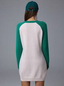 Flirla Women's Solid Color Patchwork Round Neck Long Sleeve Minimalist Casual Knit Sweater Dress With Digit Pattern Details