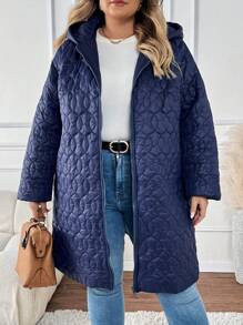 SHEIN CURVE+ Abrigo acolchado con capucha con cremallera, suelto y con longitud hasta la pantorrilla, para talla grande, para otoño/invierno