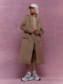 MISSGUIDED Abrigo largo de doble botonadura, manga larga, de estilo lana, para uso en la oficina - Marrón - Ver 1