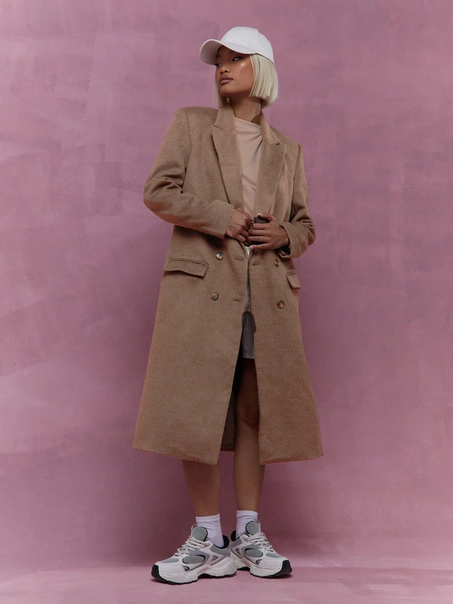 MISSGUIDED Abrigo largo de doble botonadura, manga larga, de estilo lana, para uso en la oficina - Marrón - Ver 1