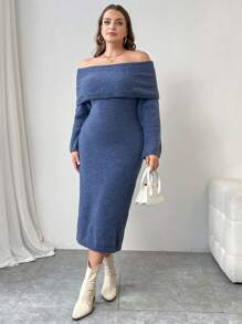 SHEIN Unity Große Größen Einfarbiges Lässig Langstrick-Kleid mit Schulterausschnitt und Langarm, für den Winter - Blau - Übersicht 7