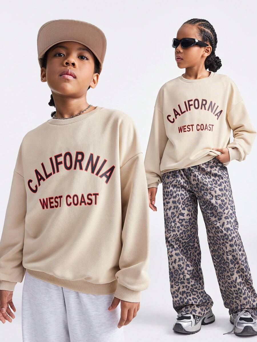 SHEIN Tween Girl Khaki Lettering Print Crew Neck Drop Shoulder Sweatshirt - Khaki - View 1