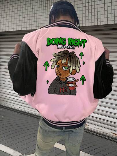 Manfinity VCAY Plus Size Men's Loose Fit Street Fashion Pink And Black Long Sleeve Jacket, Graphic Color Block Cartoon Lightweight Jacket, For Friends, Husband, Boyfriend Gifts, For Fall Winter