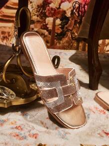 CUCCOO TILAWA Gold Ombre Shiny Rhinestone Embellished Casual Party Slippers, Slide Sandals - Gold - View 3