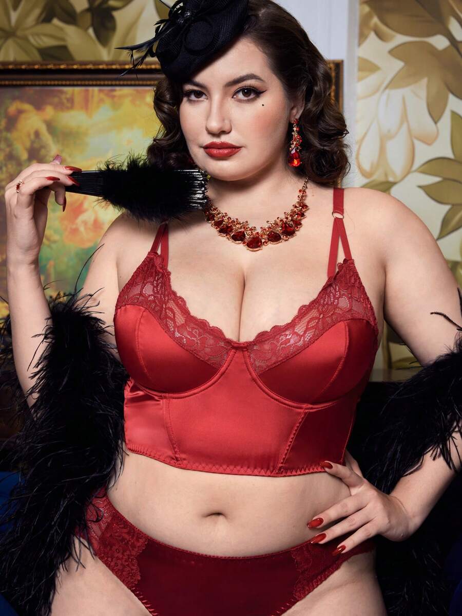 Plus Size Vintage French Lace Patchwork Bra, High Coverage Comfortable For Everyday Wear - Burgundy - View 1