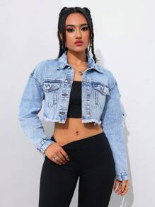 SHEIN Tall Áo khoác denim rách tua rua cho nữ cao cấp - Rửa nhẹ - Xem 5