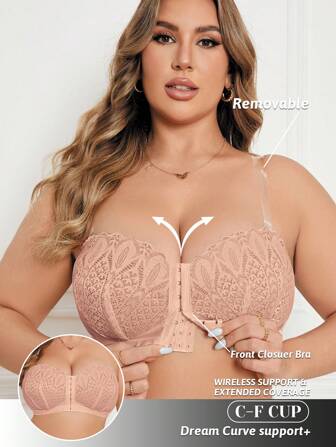 1 件大码撞色蕾丝前扣无钢圈文胸内衣