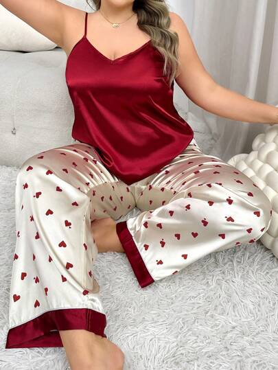 LuxeNights Conjunto de pijama de talla grande con camiseta sin mangas y pantalones largos con bloque de color y estampado de corazones similar a la seda