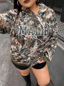 SHEIN EZwear Sudadera con capucha estampada de estilo vintage estadounidense de talla grande, primavera
