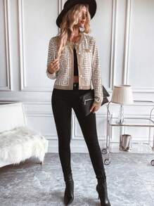 SHEIN LUNE Women Geometric Pattern Long Sleeve Cardigan, Single Breasted Fall Cloth For Women - Beige - View 5