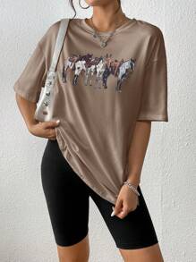 INAWLY 女士动物印花圆领短袖 T 恤图案 T 恤女式上衣 - 卡其色 - 查看 6