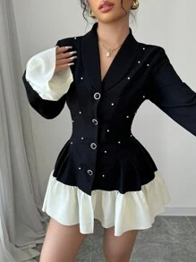 Rafferiza Women's Slim Fit Shawl Neck Splicing Ruffle Business Blazer Fall Cloth For Women - Black - View 7