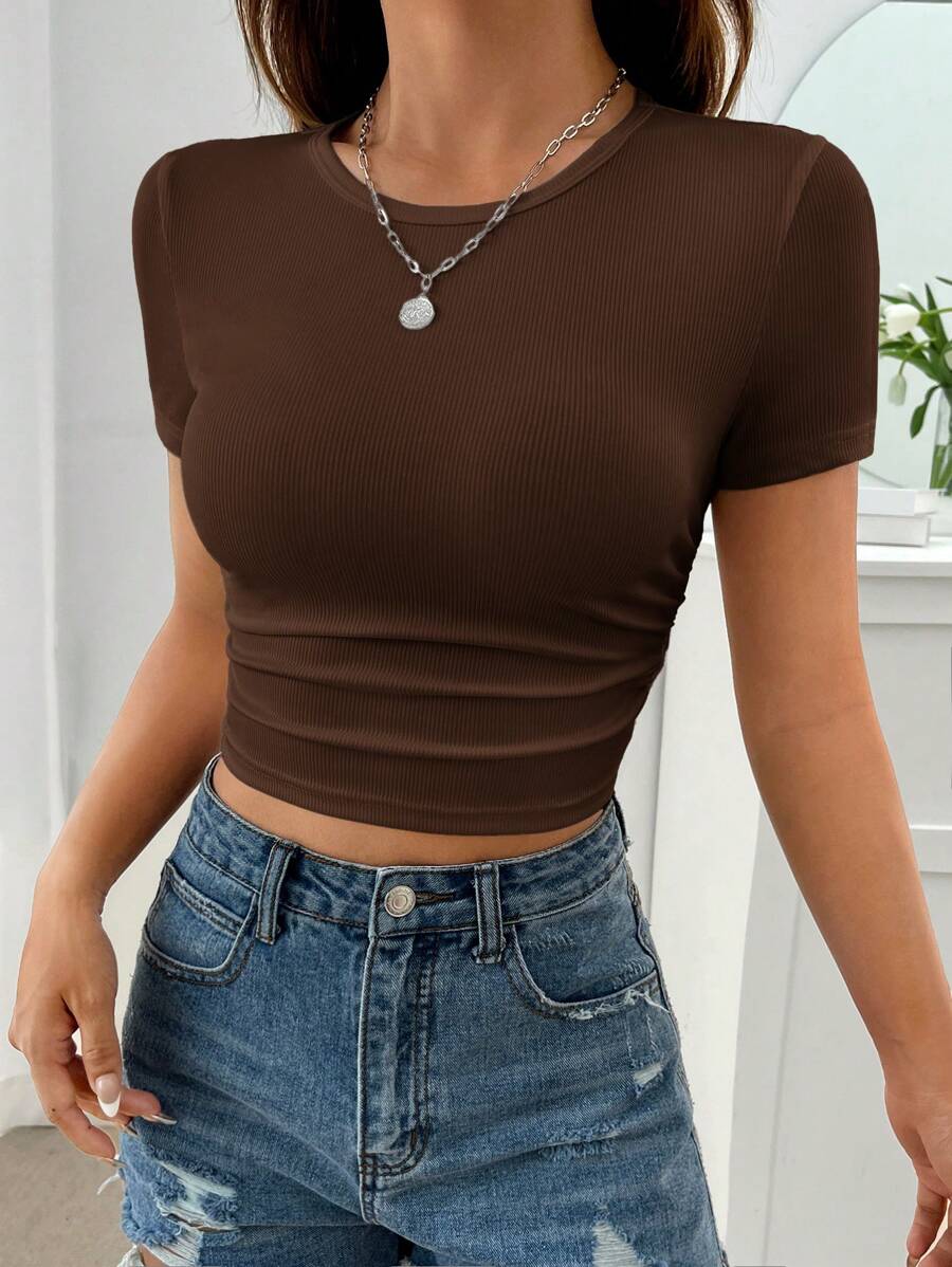 SHEIN EZwear 女士纯色圆领短袖休闲上衣，日常穿着 - 巧克力棕 - 查看 1