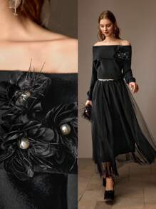 MOTF PREMIUM FOLDOVER OFF SHOULDER STEREO FLOWER DETAIL SWEATER - Black - View 2