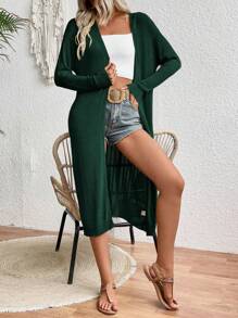 SHEIN LUNE 女士纯色长款开衫，简约休闲日常穿着 - 綠色 - 查看 5