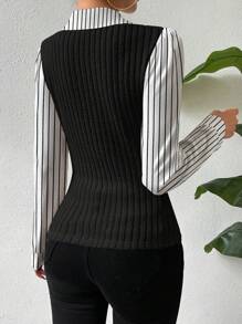 RosyDaze Blusa feminina estilo de deslocamento com decote em V, estampa listrada, patchwork, ajuste fino, primavera e outono