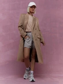 MISSGUIDED Abrigo largo de doble botonadura, manga larga, de estilo lana, para uso en la oficina - Marrón - Ver 4