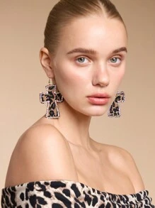 SHEIN BAE 豹纹圆点仿皮圆形几何耳环 - 彩色 - 查看 5