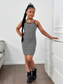 Nova Glow Tween Girl Tween Girl Casual Houndstooth Cardigan Jacket & Slip Dress 2szt. Zestaw