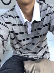 DAZY 男士休闲灰色条纹长袖 Polo 衫，秋季服装 - 彩色 - 查看 9