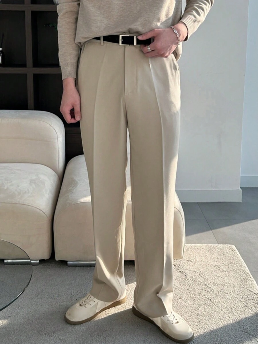 DAZY Men's Solid Color Straight Leg Pleated Pockets Loose Casual Suit Pants - Beige - View 1