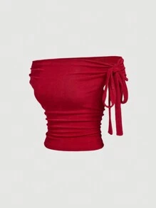 SHEIN MOD Blusa elegante minimalista de hombros descubiertos en color rojo para salir en Año Nuevo - Rojo - Ver 3