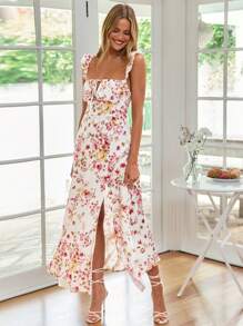 SHEIN VCAY Elegant Lace Up Backless Ruffle Armhole Split Thigh Dress - Multicolor - View 1