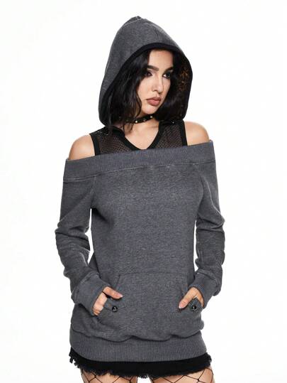 Grunge Punk Sudadera con capucha con estampado de leopardo de parchwork y hombros descubiertos en estilo vintage grunge, Harajuku, Baddie y Y2K para mujeres