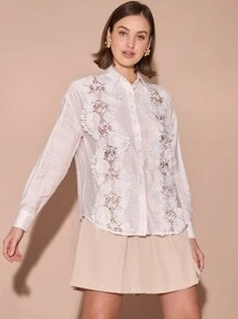 Enchnt 女式秋季撞色蕾丝落肩长袖单排扣衬衫 - 白色 - 查看 6